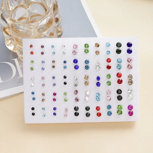 Set of 50 pairs colorful rhinestone stud earrings in multiple sizes on display card
