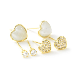 Three-piece gold plated S925 earrings set with heart opal and round cubic zirconia crystals