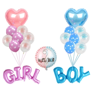 Gender reveal balloon set with blue Boy and pink Girl foil letters and latex balloons