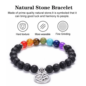Lava rock seven chakra stone bracelet featuring an Om symbol charm and colorful natural beads