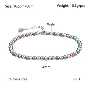 Bracelet perles en acier inoxydable arc-en-ciel et argent avec fermoir mousqueton et chaîne