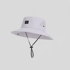Light gray breathable outdoor sun hat with wide brim and adjustable chin strap
