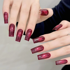 Deep burgundy cat-eye gradient press-on nails with a glossy long square shape finish