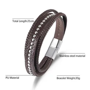Bracelet multicouche en cuir tressé marron avec billes argentées et fermoir aimanté