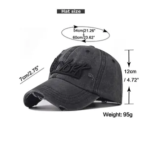 Detailed size chart for washed cotton New York embroidered baseball cap with dimensions