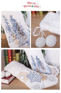 Detailed views of white plush Christmas stocking with snowflake embroidery and pom-pom