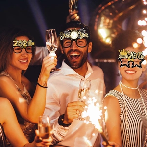 2026 New Year party paper glasses set with black and gold glitter festive designs