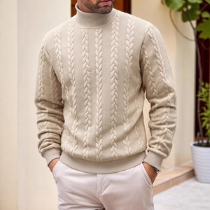 Men's turtle neck cable knit sweater in beige with long sleeves and slim fit style
