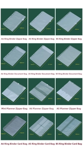 Detailed size specifications for PVC zipper bags, pocket inserts and card holders