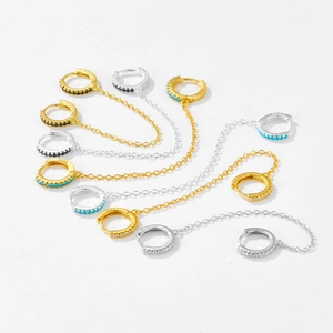 S925 sterling silver double piercing hoop earrings with chain and sparkling zirconia stones