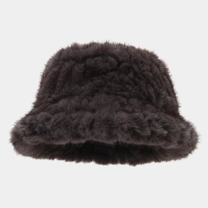 Deep brown faux mink fur bucket hat for winter featuring thick plush texture and warm fit