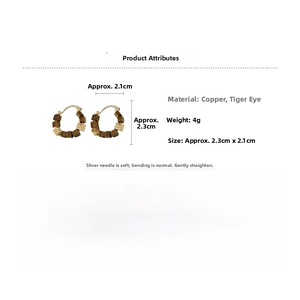 Detail view of retro geometric tiger eye stone earrings with dimensions and material specs