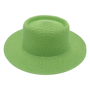 Bright green straw boater hat with a flat top and woven texture for summer vacations