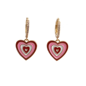 Elegant gold heart earrings with red pink white enamel and sparkling zircon accents