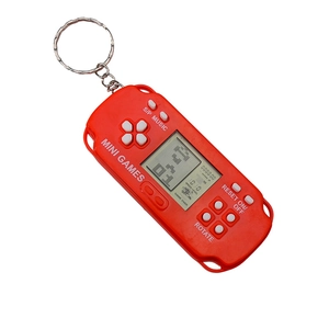Red mini handheld Tetris game console keychain with LCD screen and functional buttons