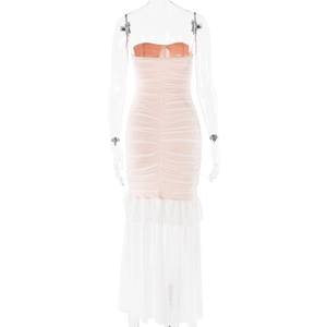 Back view of light pink ruched bodycon midi dress featuring sheer mesh mermaid hem