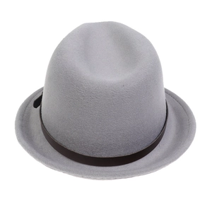 Detailed view of gray wool fedora hat featuring a stylish dark brown leather band strap