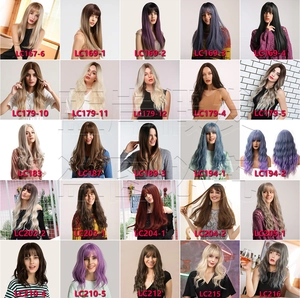 Grid view showcasing various styles and colors of synthetic wigs with curtain bangs for women