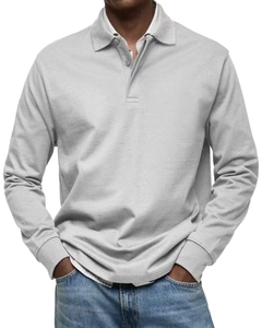 Close-up of grey long-sleeved polo shirt with layered striped collar and fabric texture