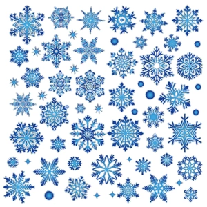 Blue and silver holographic snowflake window stickers with varied festive designs
