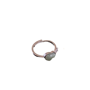 Polished silver adjustable open ring with green gourd-shaped gemstone and white zircon