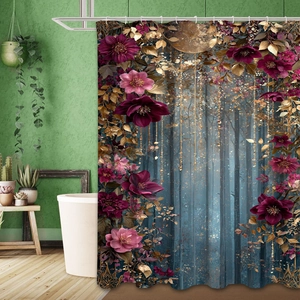Detail of floral shower curtain with golden leaves and hanging lights in a modern bathroom