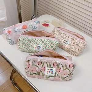 Floral cotton pencil case and makeup bag set with four assorted aesthetic patterns