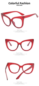 Detailed view of oversized cat-eye red glitter frames from front side and back angles