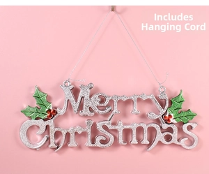 Silver Merry Christmas hanging sign with glitter finish and holly berry detail