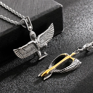 Vintage Egyptian pharaoh eagle wings and cross pendant in stainless steel for men