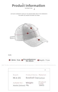 Detailed size chart for the men's cotton camouflage baseball cap showing dimensions