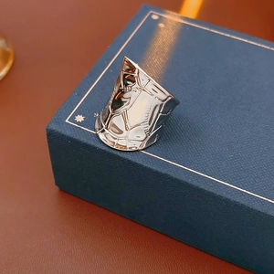 Vue détaillée d'une bague large argentée avec texture maillée géométrique sur coffret