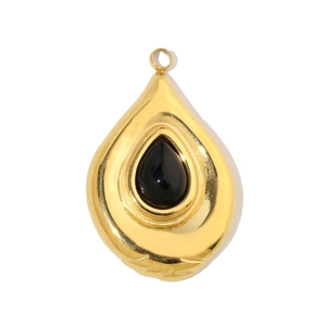 Macro detail of teardrop natural stone pendant with polished gold stainless steel base