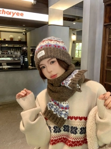 Detail of Fair Isle pattern knit hat and scarf set with thick snowflake textures