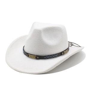 Detailed close-up of white western cowboy hat with studded brown leather band