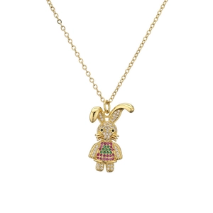 Golden rabbit pendant necklace with sparkling colorful zircon inlay on O-chain