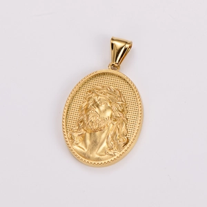 Close-up of gold oval pendant featuring Jesus portrait and thorny edge texture
