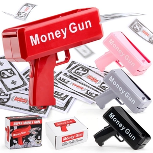 Electronic money gun toy in red, pink, grey and black with toy cash and gift box