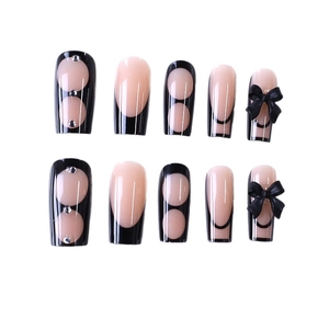 Black French long press-on nails with 3D bows and rhinestones in pink nude contrast