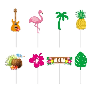 Set of 8 tropical Hawaii cake toppers featuring flamingo pineapple and hibiscus floral