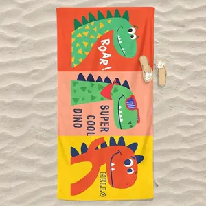 Microfiber beach towel with colorful 3D cartoon dinosaur prints on sand background