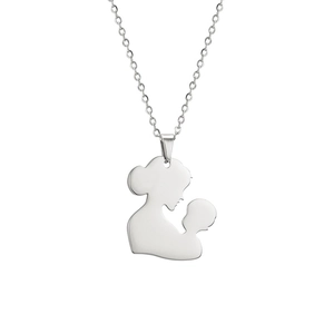 Polished silver mother and baby silhouette pendant on a delicate chain necklace