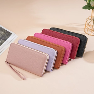 Women Long Wallet Litchi Pattern PU Leather Large Capacity Zip Around Clutch Phone Bag With Wristlet Strap Minimalist
