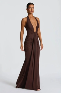 Detailed view of ruched deep V-neck chocolate brown floor-length bodycon backless dress