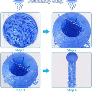 Blue jellyfish paper lantern 4-step assembly guide with metal frame support for party decor