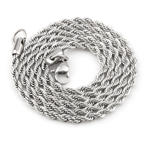 Detail of silver twisted rope chain necklace with secure lobster clasp and metallic finish