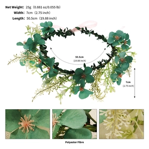 Detail view of green floral bridal wreath showing net weight and dimensions of polyester band