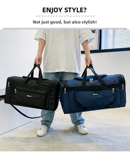 Detail showing black and navy travel bags with double handles and removable straps