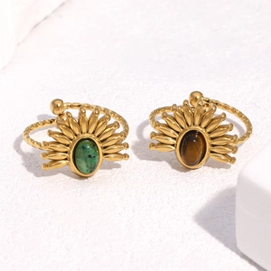Vintage Sunburst Adjustable Ring Stainless Steel 18K Gold Plated Natural Stone Bohemian Jewelry For Women
