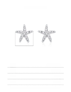 Macro view of S925 sterling silver starfish earrings with pearls and technical dimensions